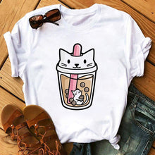 Load image into Gallery viewer, Cat Kitten Kitty Boba Tea Bubble milktea Shirt Cartoon custom Print Cotton Short Sleeve Womens Tees Kawaii Tops female Clothing
