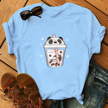 Load image into Gallery viewer, Panda Bear Boba Tea Bubble milktea Shirt Cartoon custom Print Cotton Short Sleeve Womens Tees Kawaii Tops female Clothing
