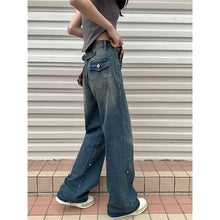 Load image into Gallery viewer, Blue Women&#39;s Straight Jeans High Waist American Style Streetwear Vintage Pants Chic Design Casual Ladies Denim Wide Leg Trouser
