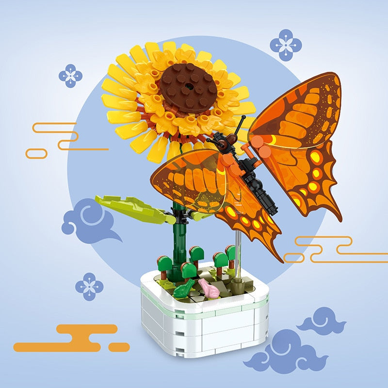 Building Block Sunflower Flower Bouquet 3D Model Home Decoration Plant Potted Assembly Bricks Valentine Crafting material tools DIY art