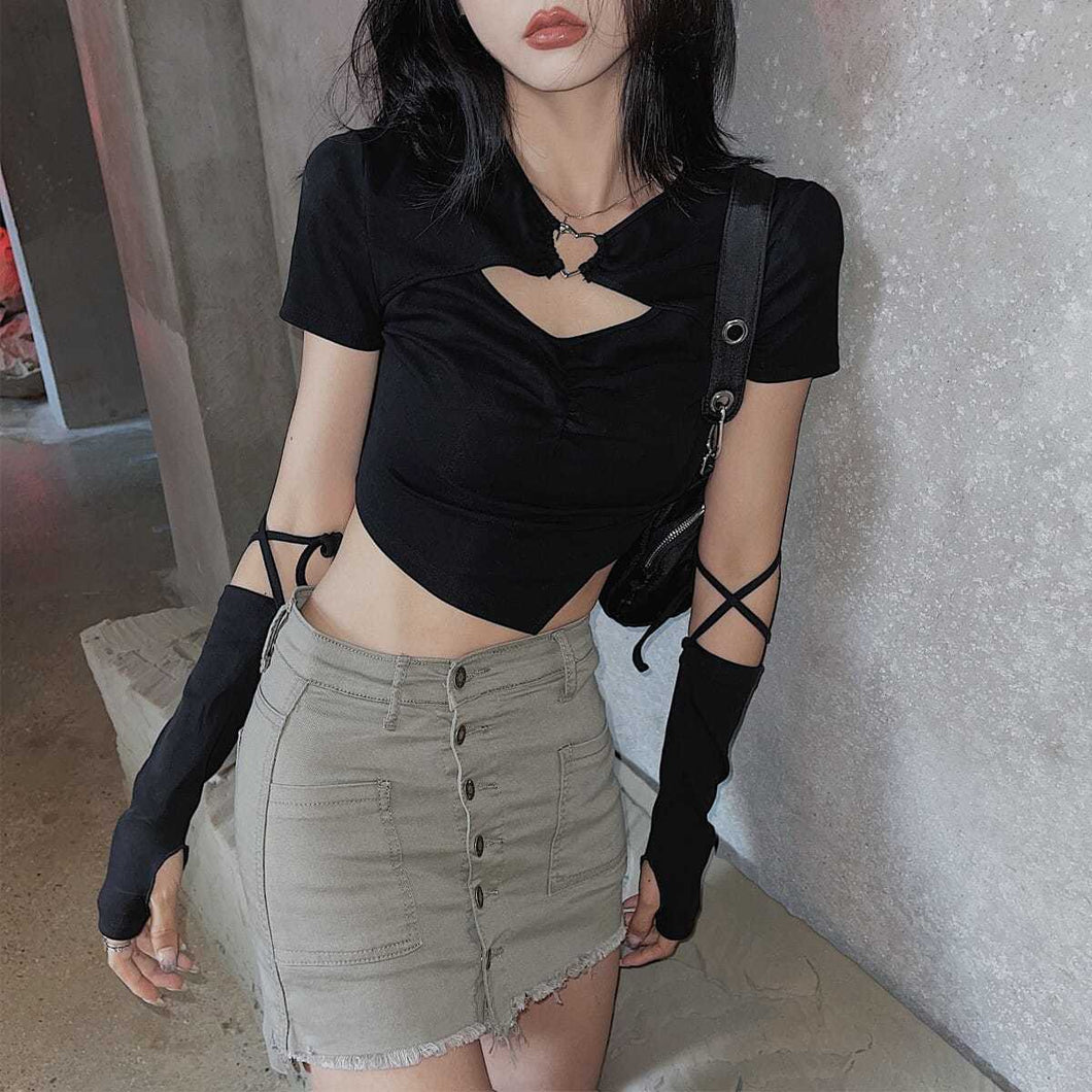 High Street Short Sleeve T-shirt Women Harajuku Summer Hollow Out Slim Design Ins Korean Style Above Navel Cropped Top All-match