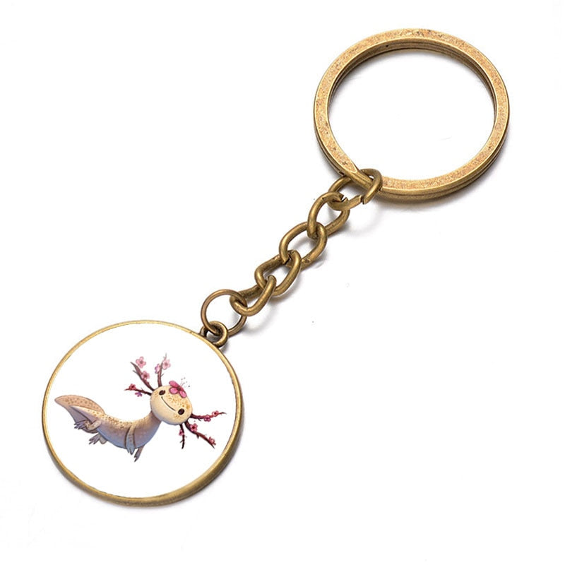 Axolotl Pendant Keychain Cartoon Art Pattern Glass Cabochon Keyring Car Bag Alloy Metal Key Chain Fashion Jewelry reptile salamander