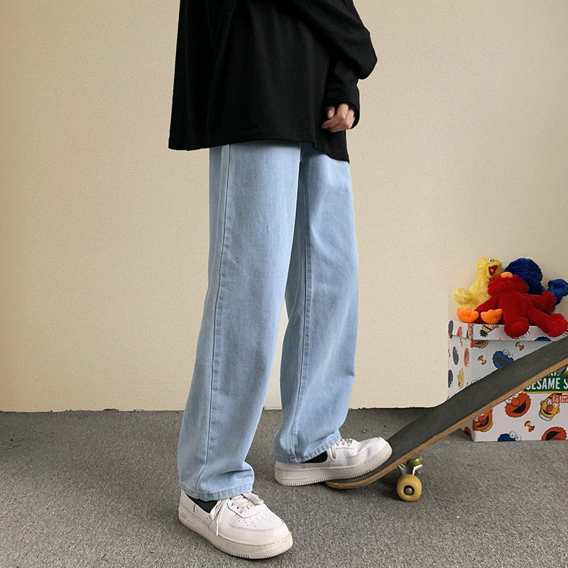 Autumn New Streetwear Baggy Jeans Men Korean Fashion Loose Straight Wide Leg Pants Male Brand Clothing Black Light Blue