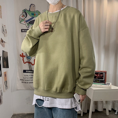 Harajuku Sweatshirts Men's Autumn Korean Solid Color Fleece Oversized Pullovers Casual O Neck Basic Tops Hip Hop Streetwear