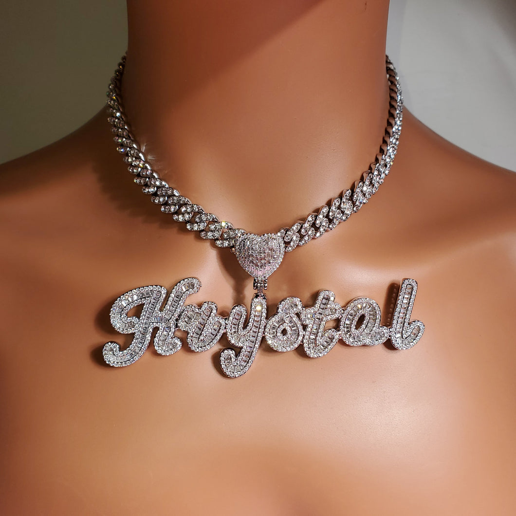 Icy Heart Bail Custom Brush Cursive Letter Name Necklace Pendant Hot Trendy Accessories Personalized Gift for Her Women's Jewel