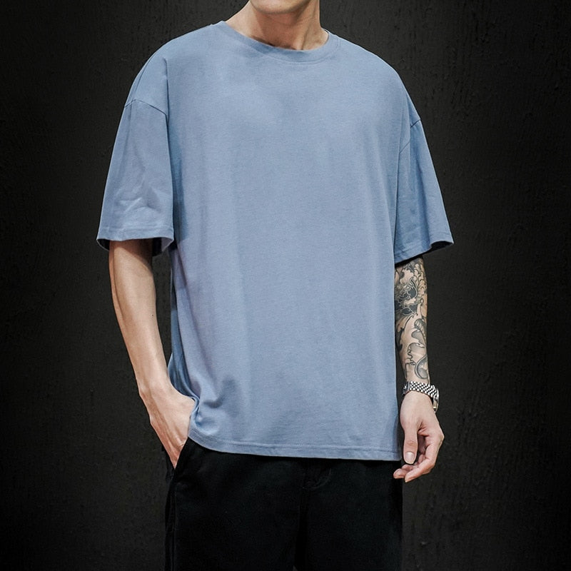 100% Cotton New Summer Men's T Shirt Solid T Shirt Mens Oversized Five Half  Short Sleeve Casual Cotton Mens Streetwear Top Tees