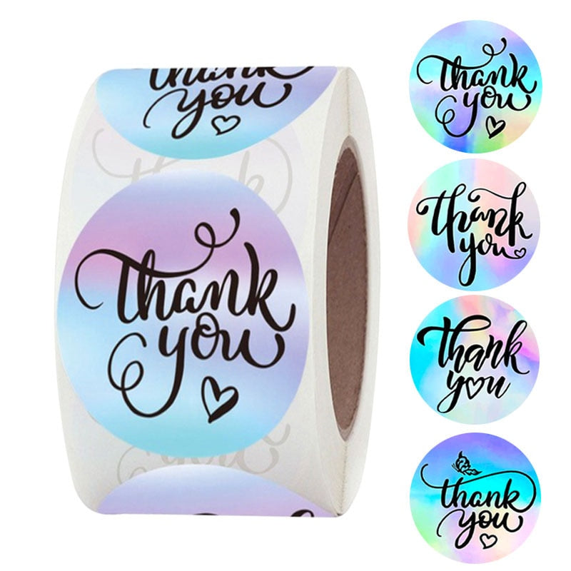 100-500 Pieces Round Laser English Thank You Gift Seal Sealing Stickers with Waterproof Wedding Holiday Label