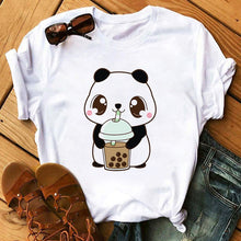 Load image into Gallery viewer, Panda Bear Boba Tea Bubble milktea Shirt Cartoon custom Print Cotton Short Sleeve Womens Tees Kawaii Tops female Clothing
