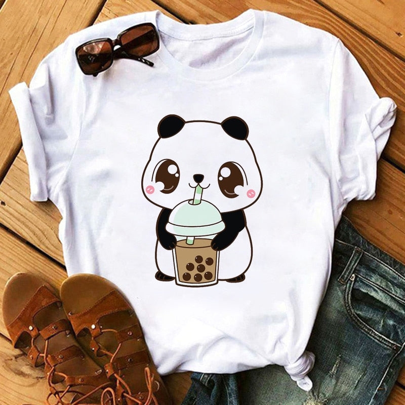 Panda Bear Boba Tea Bubble milktea Shirt Cartoon custom Print Cotton Short Sleeve Womens Tees Kawaii Tops female Clothing