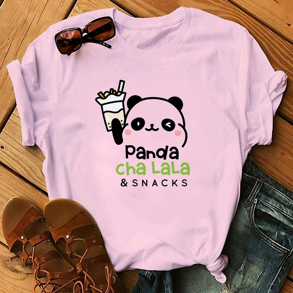 Panda Bear Boba Tea Bubble milktea Shirt Cartoon custom Print Cotton Short Sleeve Womens Tees Kawaii Tops female Clothing