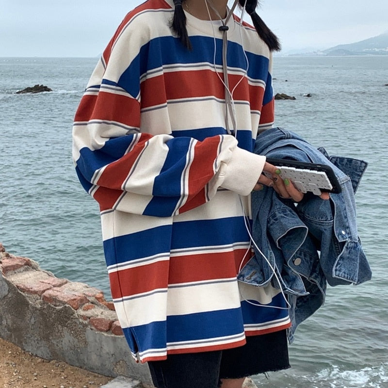 spring autumn Striped hoodies women fashion Long Sleeve Hoodie Sweatshirt Harajuku Jumper cotton Pullovers Casual oversized Coat