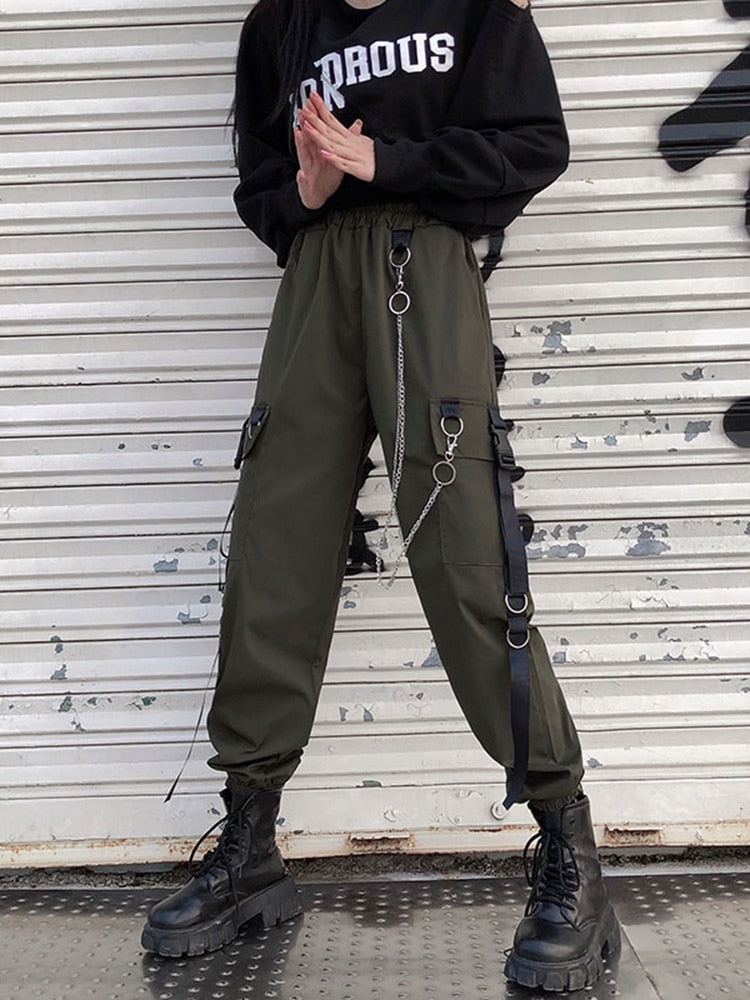 Women Cargo Pants Harem Pants Fashion Punk Pockets Jogger Trousers With Chain Harajuku Elastics High Waist Streetwear