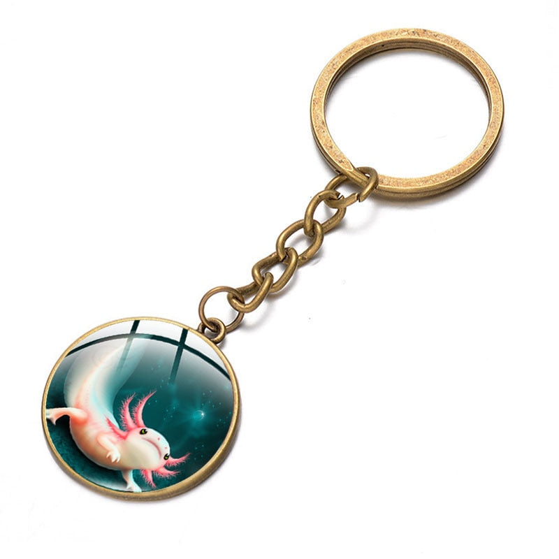 Axolotl Pendant Keychain Cartoon Art Pattern Glass Cabochon Keyring Car Bag Alloy Metal Key Chain Fashion Jewelry reptile salamander