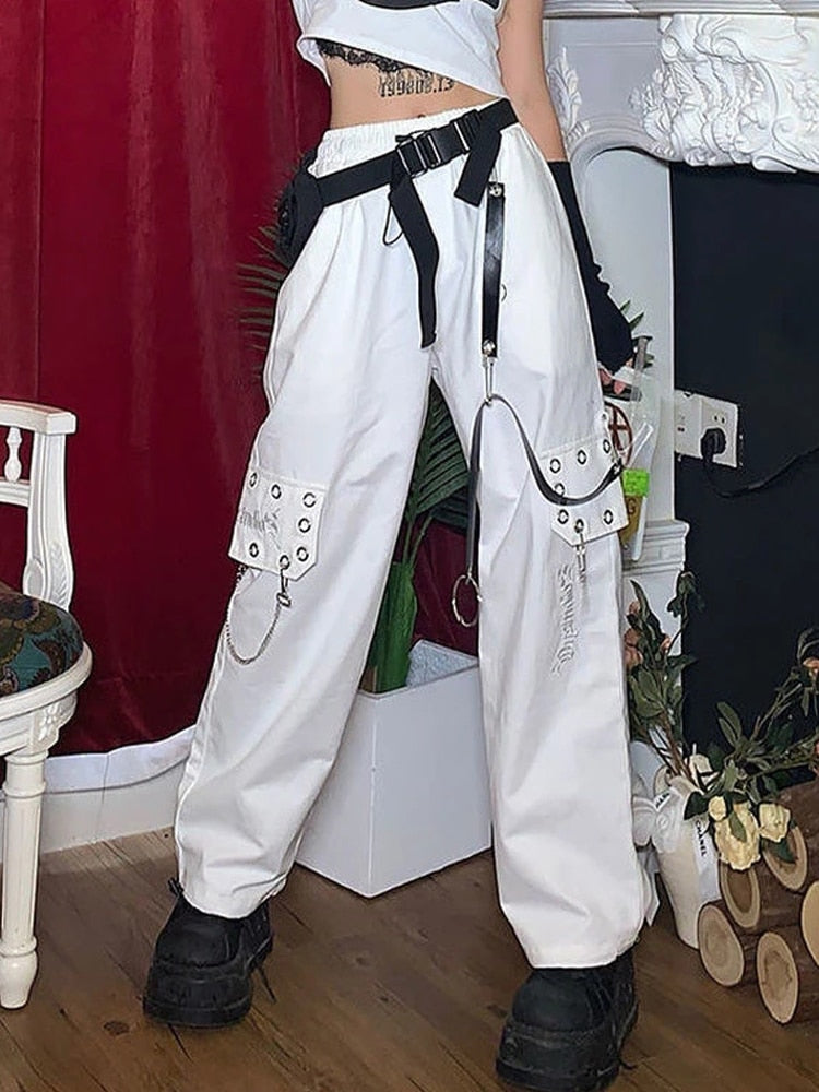 Harajuku Black Cargo Pants Women Chain Wide Leg Goth Hippie Streetwear White Trousers Loose Female Baggy Fashion
