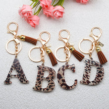 Load image into Gallery viewer, Acrylic Leopard Letter Keychain With Tassel Fashion matching Couple A-Z Initial Letter Pendant Key Ring  Women Bag handmade
