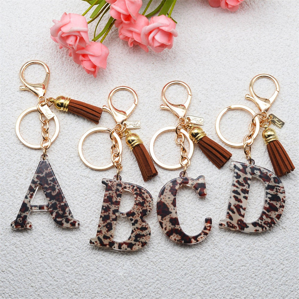 Acrylic Leopard Letter Keychain With Tassel Fashion matching Couple A-Z Initial Letter Pendant Key Ring  Women Bag handmade