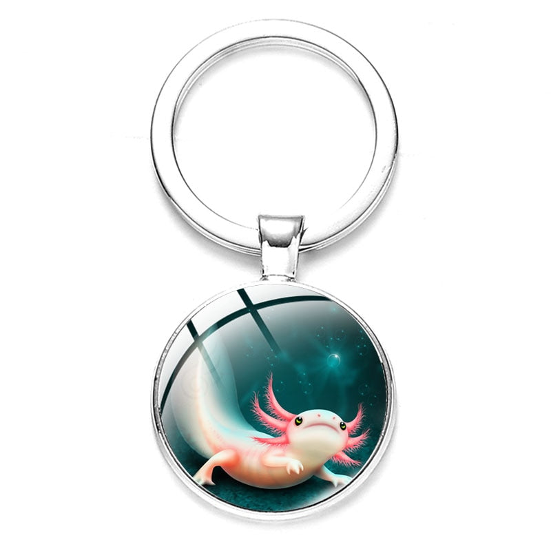 Axolotl Pendant Keychain Cartoon Art Pattern Glass Cabochon Keyring Car Bag Alloy Metal Key Chain Fashion Jewelry reptile salamander