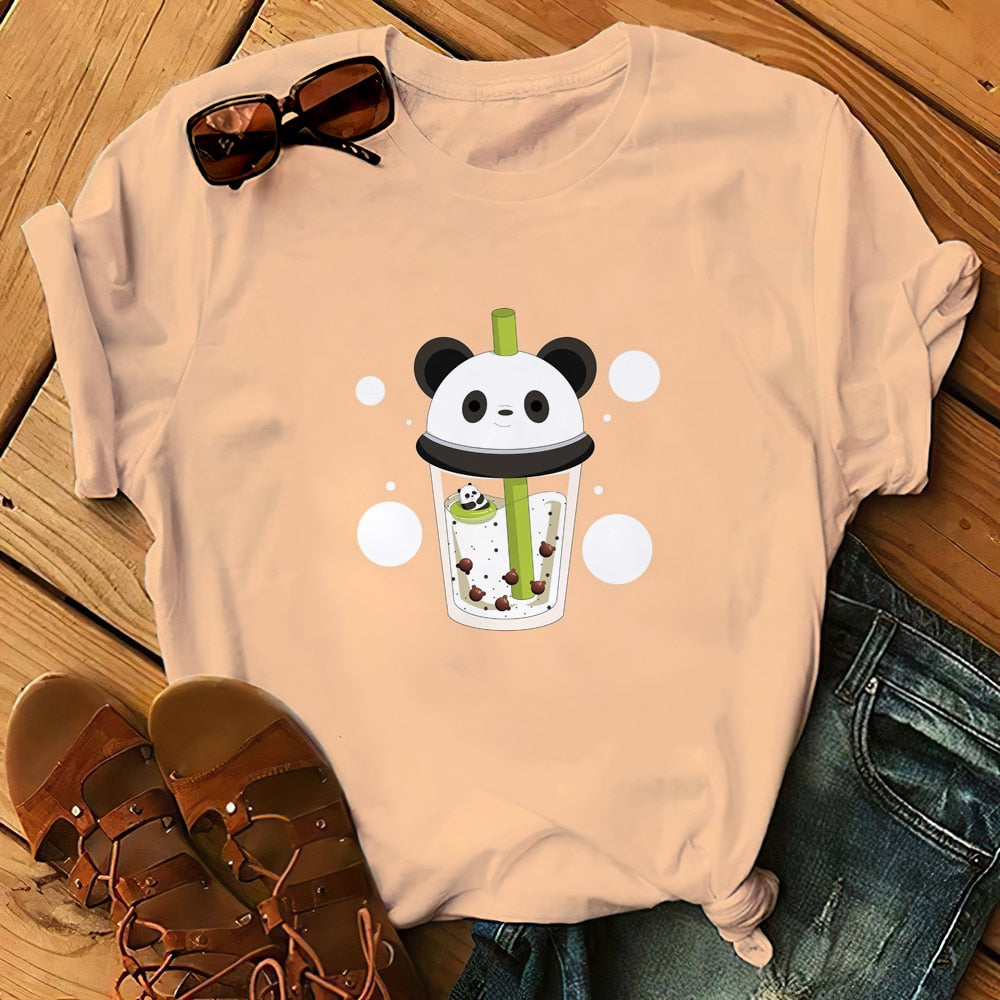 Panda Bear Boba Tea Bubble milktea Shirt Cartoon custom Print Cotton Short Sleeve Womens Tees Kawaii Tops female Clothing