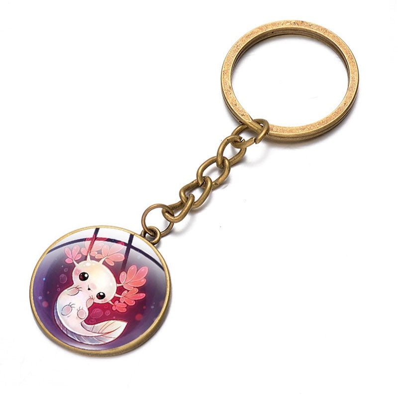 Axolotl Pendant Keychain Cartoon Art Pattern Glass Cabochon Keyring Car Bag Alloy Metal Key Chain Fashion Jewelry reptile salamander