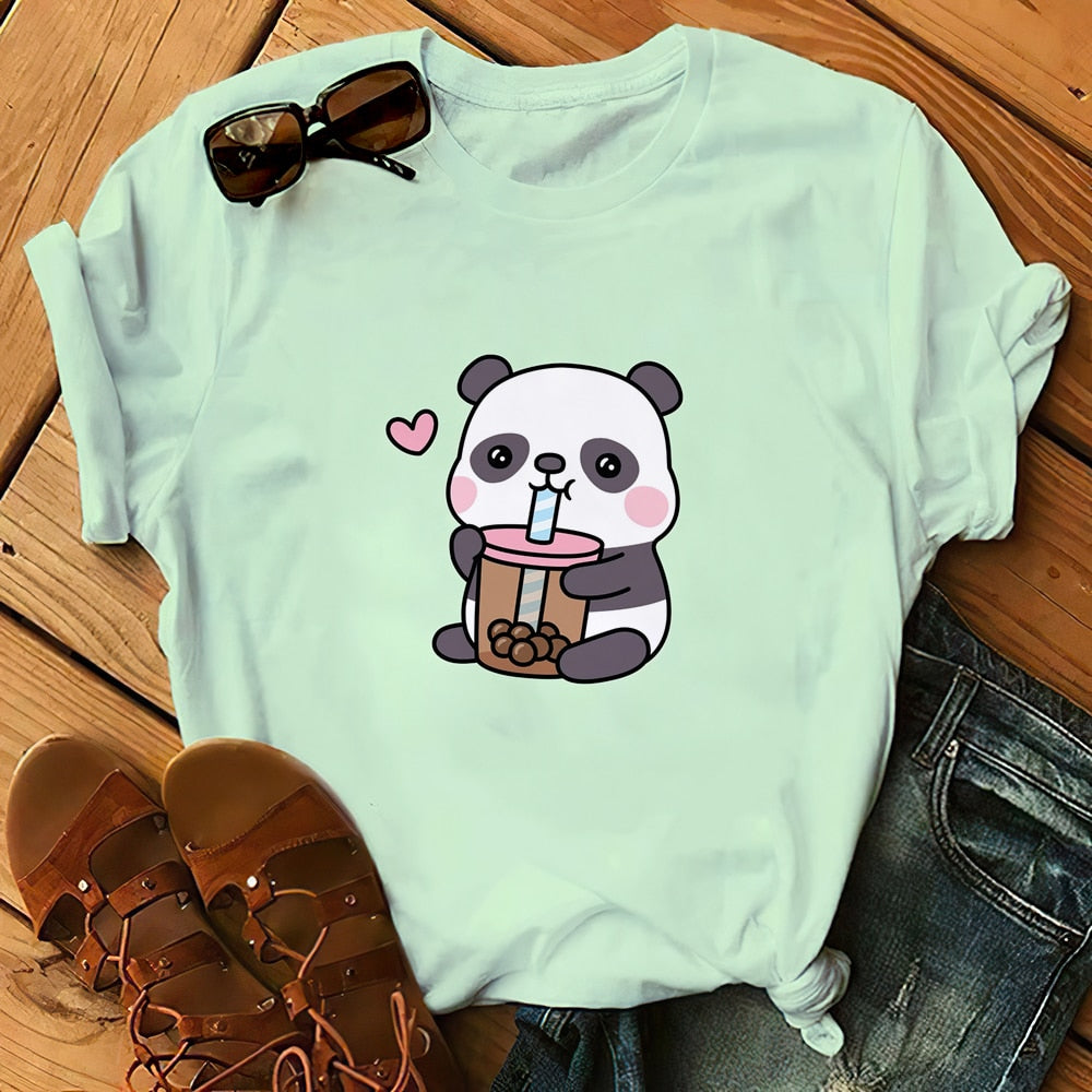 Panda Bear Boba Tea Bubble milktea Shirt Cartoon custom Print Cotton Short Sleeve Womens Tees Kawaii Tops female Clothing