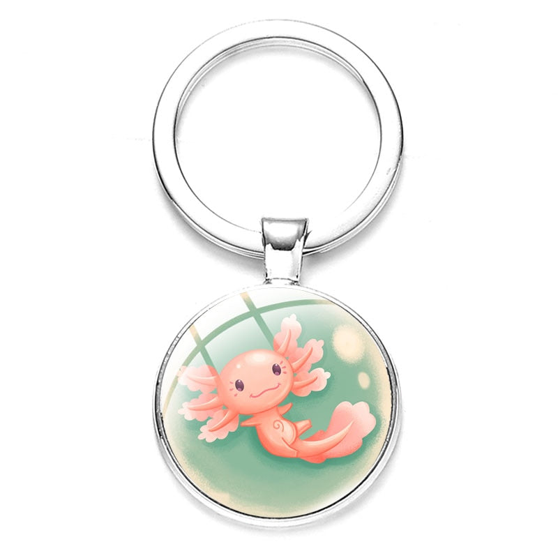 Axolotl Pendant Keychain Cartoon Art Pattern Glass Cabochon Keyring Car Bag Alloy Metal Key Chain Fashion Jewelry reptile salamander