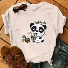 Load image into Gallery viewer, Panda Bear Matcha Boba Tea Bubble milktea Shirt green tea custom Print Cotton Short Sleeve Womens Tees Kawaii Tops female Clothing
