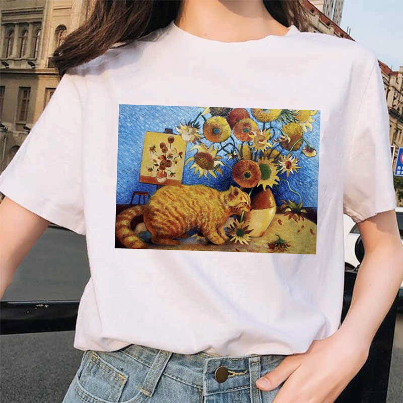 Van Gogh Cat Women T Shirt Art Oil Painting funny gag gift Print kitten kitty tabby T-shirt Tshirt Funny Tops Tees custom handmade print design