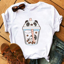 Load image into Gallery viewer, Panda Bear Boba Tea Bubble milktea Shirt Cartoon custom Print Cotton Short Sleeve Womens Tees Kawaii Tops female Clothing
