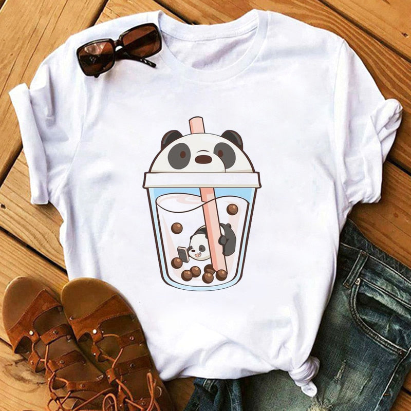 Panda Bear Boba Tea Bubble milktea Shirt Cartoon custom Print Cotton Short Sleeve Womens Tees Kawaii Tops female Clothing