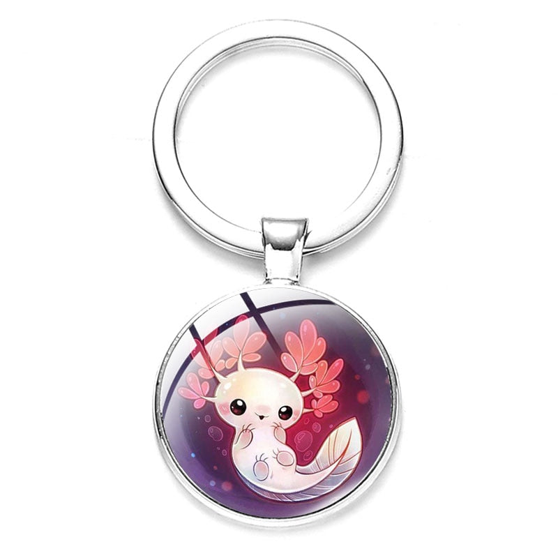 Axolotl Pendant Keychain Cartoon Art Pattern Glass Cabochon Keyring Car Bag Alloy Metal Key Chain Fashion Jewelry reptile salamander