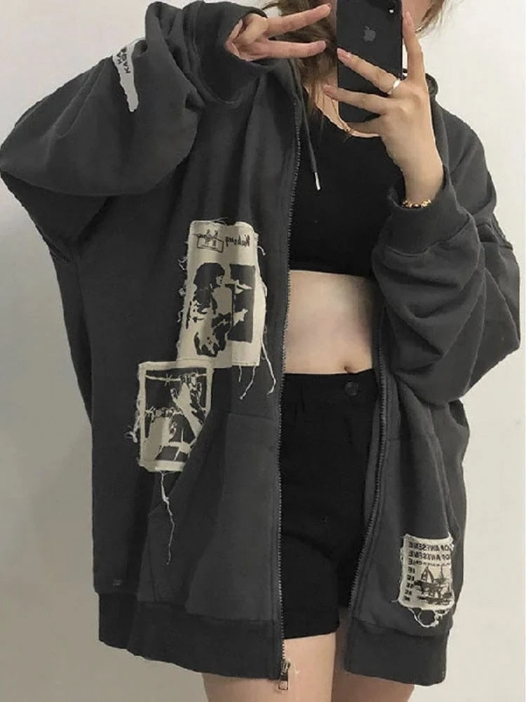 Zip up Hoodie Women Sweatshirt Oversized Hoodies Spring Jacket Retro Coat Goth Harajuku Y2k Aesthetic Clothes Grunge Punk New