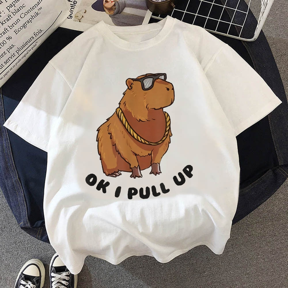 Capybaras t-shirt men okay i pull up anime streetwear graphic tee anime Japanese clothing handmade custom print design rodent