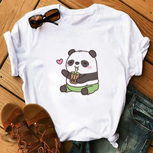 Load image into Gallery viewer, Panda Bear Boba Tea Bubble milktea Shirt Cartoon custom Print Cotton Short Sleeve Womens Tees Kawaii Tops female Clothing
