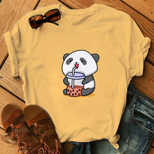 Load image into Gallery viewer, Panda Bear Boba Tea Bubble milktea Shirt Cartoon custom Print Cotton Short Sleeve Womens Tees Kawaii Tops female Clothing
