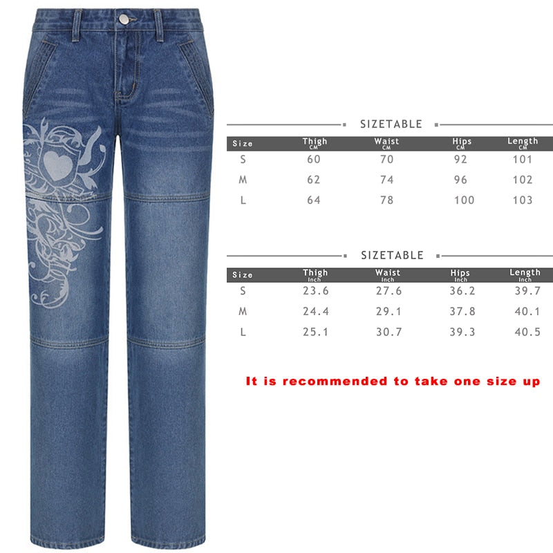 Streetwear Gothic Jeans Women Y2K Print Low Waist Jeans Trousers Casual Denim Pants Korean Summer Straight Baggy Jeans