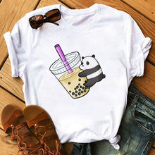 Load image into Gallery viewer, Panda Bear Boba Tea Bubble milktea Shirt Cartoon custom Print Cotton Short Sleeve Womens Tees Kawaii Tops female Clothing
