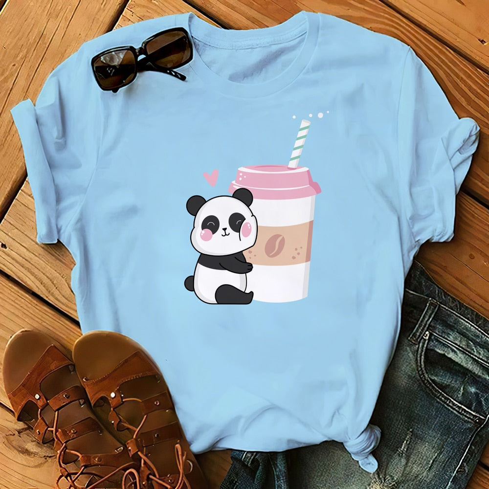 Panda Bear Boba Tea Bubble milktea Shirt Cartoon custom Print Cotton Short Sleeve Womens Tees Kawaii Tops female Clothing