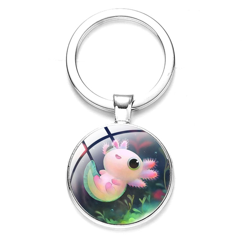 Axolotl Pendant Keychain Cartoon Art Pattern Glass Cabochon Keyring Car Bag Alloy Metal Key Chain Fashion Jewelry reptile salamander