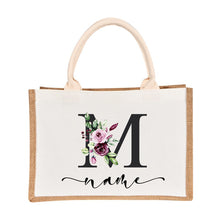 Load image into Gallery viewer, Custom Name Burlap Tote Bags Personalized Bridesmaid Bachelorette Bridal Party Girls Trip Gifts Canvas Jute Tote Shopper Bags
