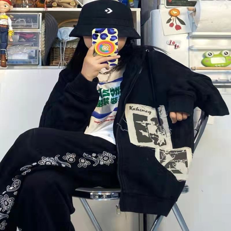 Emo Women Alt Punk Hoodie Zip Up Grunge Aesthetic Jacket Vintage  Streetshirt Harajuku Sweatshirts Graffiti Y2K Zipper Clothes