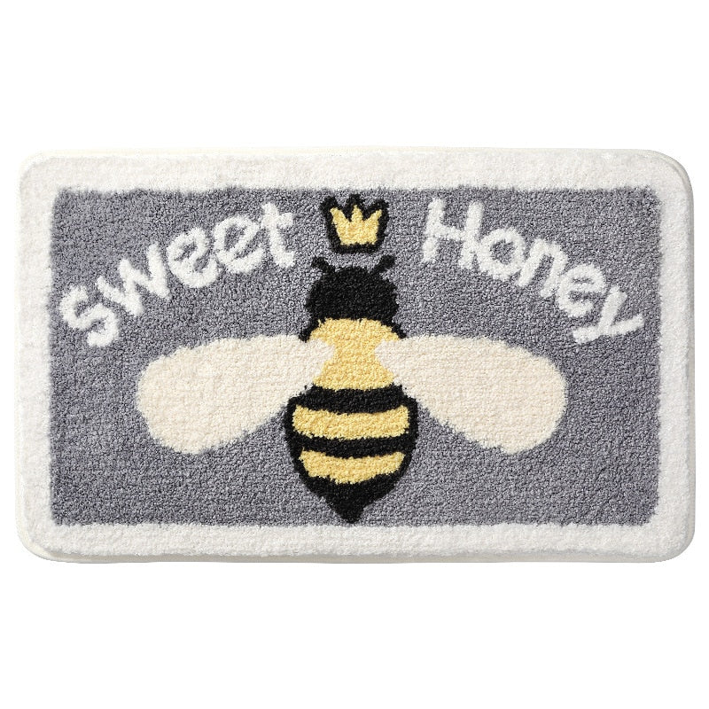 Sweet Honey Bumble Bee Queen Flocking Bath Mat Home Decoration Door Mat Non-slip Absorbent Bathroom Doormat Super Soft Fiber Bath Rug