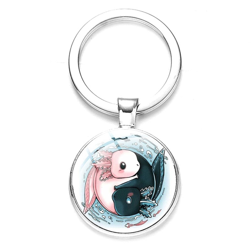 Axolotl Pendant Keychain Cartoon Art Pattern Glass Cabochon Keyring Car Bag Alloy Metal Key Chain Fashion Jewelry reptile salamander