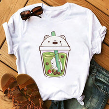 Load image into Gallery viewer, Panda Bear Boba Tea Bubble milktea Shirt Cartoon custom Print Cotton Short Sleeve Womens Tees Kawaii Tops female Clothing
