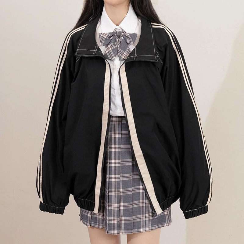 Jackets Women Striped All-match Females BF Harajuku Stand Collar Zipper-pocket Leisure Streetwear Popular Wind-proof Outwears
