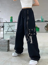 Load image into Gallery viewer, QWEEK Gothic Harajuku Black Cargo Pants Women Chain Wide Leg Goth Hippie Streetwear White Trousers Loose Female Baggy Fashion
