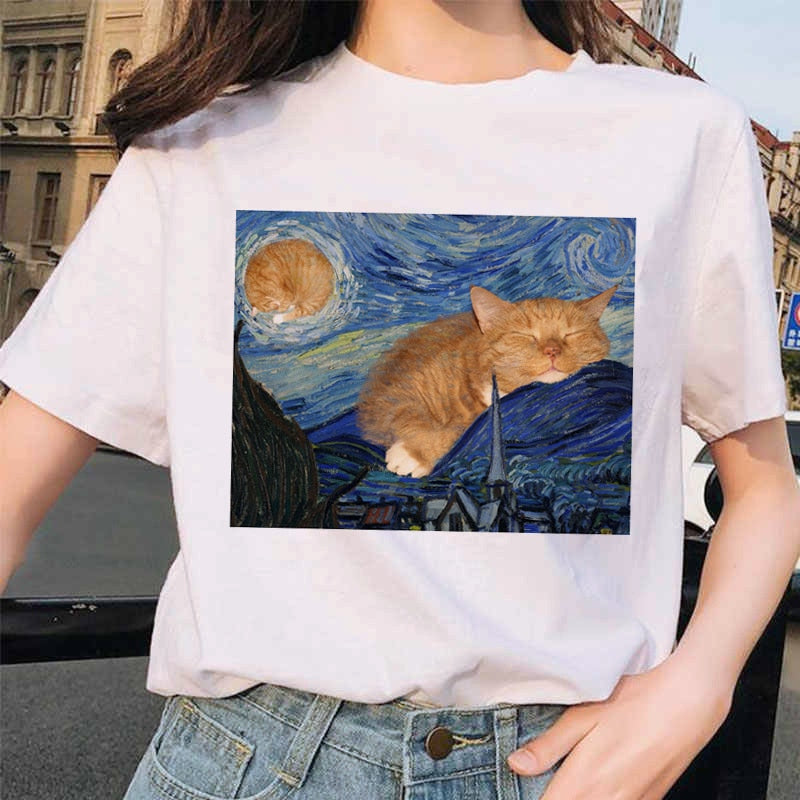 Van Gogh Cat Women T Shirt Art Oil Painting funny gag gift Print kitten kitty tabby T-shirt Tshirt Funny Tops Tees custom handmade print design