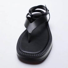 Load image into Gallery viewer, Summer Women Shoes Black Flat Leather Fashion Sandals Flip-flop ZA Lace-up Thick-soled Ankle Strap Sandals For Women
