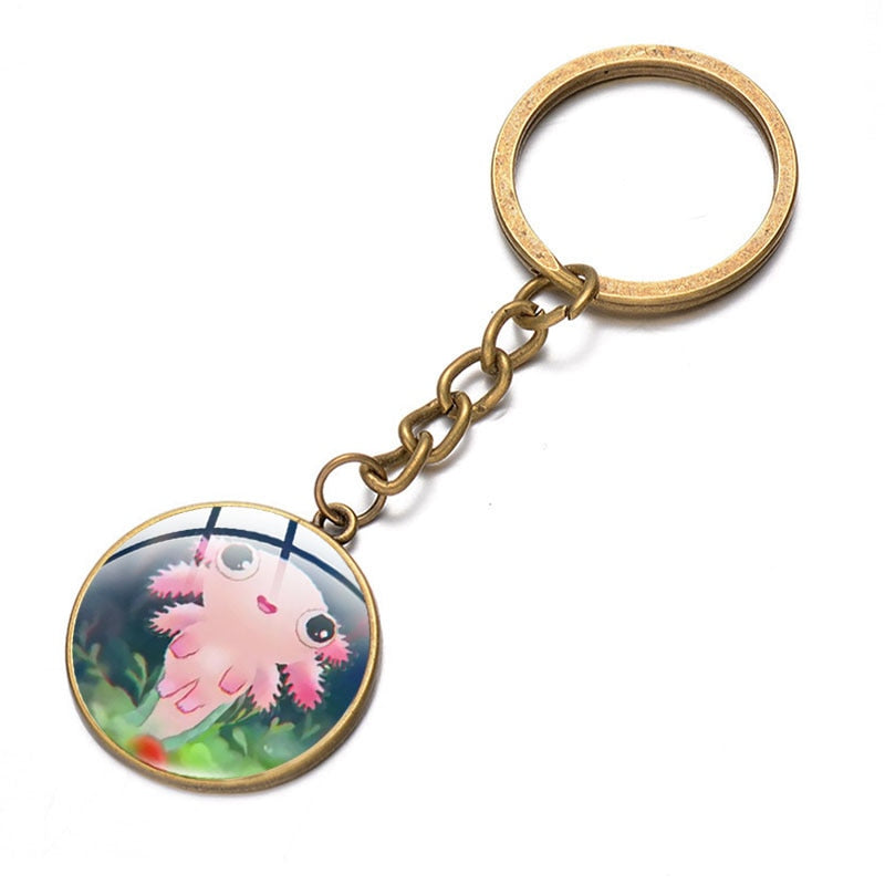 Axolotl Pendant Keychain Cartoon Art Pattern Glass Cabochon Keyring Car Bag Alloy Metal Key Chain Fashion Jewelry reptile salamander