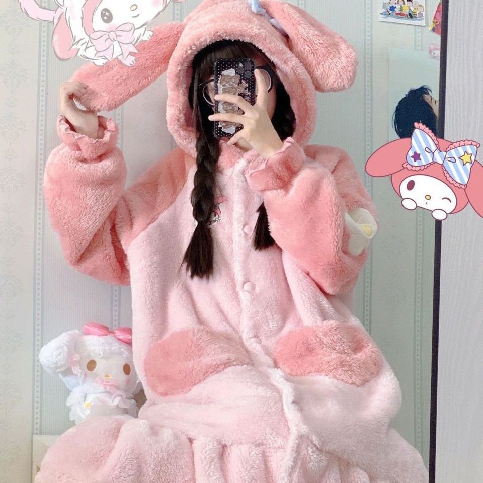 Winter Kawaii Pajamas Animation Kuromi Cinnamoroll My Melody Facecloth Plush Warm and Comfortable Pajama Pants Set