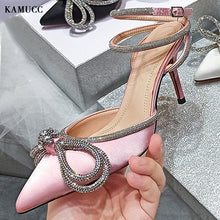 Load image into Gallery viewer, Rhinestones Bowknot Sandals for Women Sexy Buckle Strap Ladies High Heel Pumps Pointed Toe Silk Fashion Female Shoes Summer
